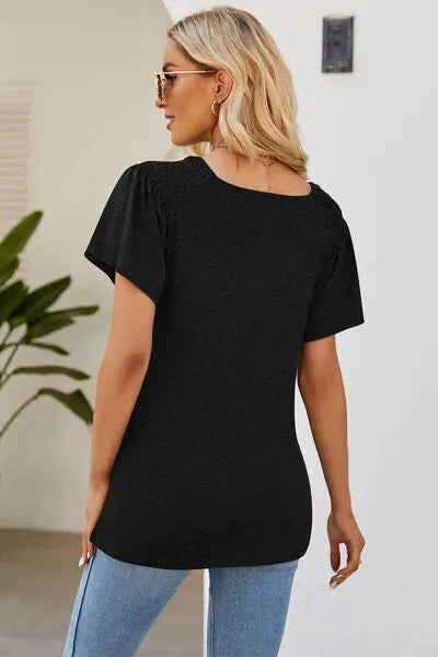 Smocked Round Neck Flutter Sleeve T-Shirt Women's T-Shirts - Tophatter Daily Deals